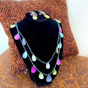 Boho Necklace Earring Set 2 Tiered Beaded Tear Drop Purple Teal Bronze Jewelry